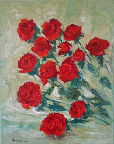 Painting titled "Red Roses 2" by Juri Semjonov, Original Artwork, Oil Mounted on Wood Stretcher frame