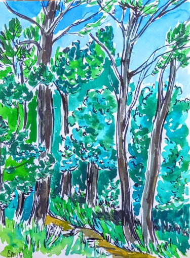 Sentier au Plateau de la Justice, mai 2013 Pintura intitulada "Sentier au Plateau…" por Diane Medus, Obras de arte originais, Aquarela