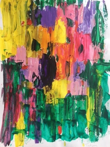 Painting titled "Tulipes sous un sol…" by Claudine Janel, Original Artwork, Acrylic Mounted on Cardboard