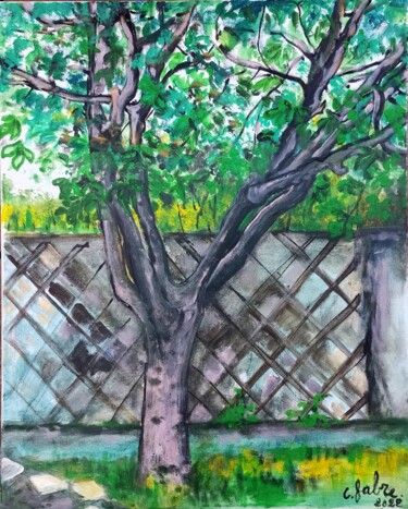 Painting titled "Le figuier" by Catherine Fabre, Original Artwork, Watercolor Mounted on Wood Stretcher frame
