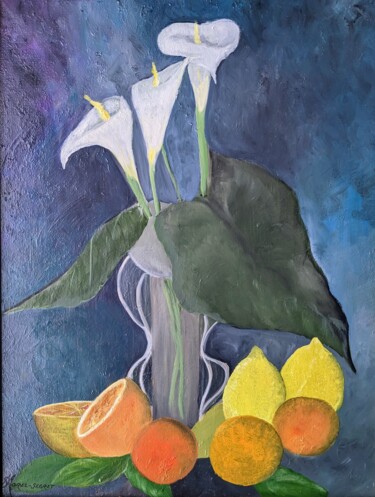Painting titled "Les trois arums" by Sophie Morel-Segret, Original Artwork, Oil Mounted on Wood Stretcher frame
