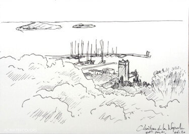 Iles de Lerins depuis la Napoule, Côte d'Azur Σχέδιο με τίτλο "Iles de Lerins depu…" από Alain Crousse (ACWATERCOLORS), Αυθεντικά έργα τέχνης, Μελάνι