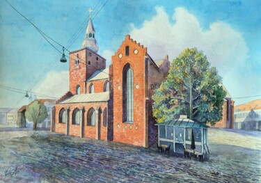 Schilderij getiteld "Randers. Katedral." door Iryna Makhovska, Origineel Kunstwerk, Aquarel