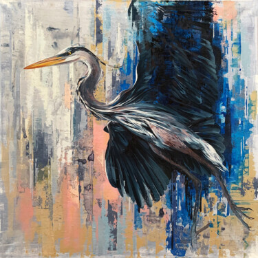 Schilderij getiteld "Blue Heron, Blue Bi…" door Nadya Mamonova, Origineel Kunstwerk, Olie