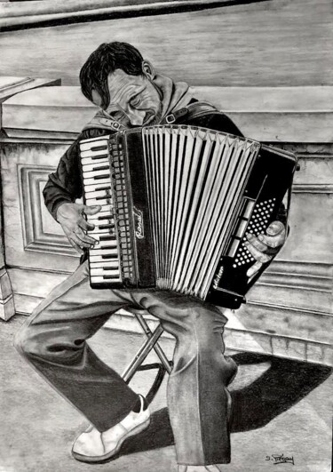 LAccordeoniste' 图画 标题为“LAccordeoniste'” 由Sandrine Piegay, 原创艺术品, 石墨