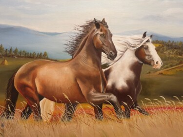 绘画 标题为“Les chevaux” 由Alexandre Havlin, 原创艺术品, 油 安装在木质担架架上