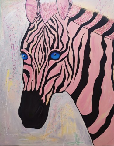 Pink zebra. Large wild animal, horse, blue eyes, vibrant 绘画 标题为“Pink zebra. Large w…” 由Olya Enina, 原创艺术品, 丙烯 安装在木质担架架上