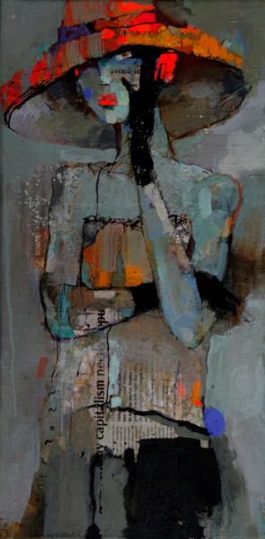 Painting titled "ORANGE HAT" by Viktor Sheleg, Original Artwork, Oil Mounted on Wood Stretcher frame