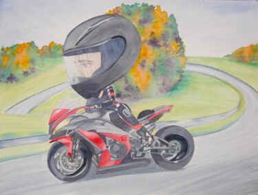 AQUARELLE originale et unique: Grosse tête en moto Peinture intitulée "AQUARELLE originale…" par Isabelle Redonnet, Œuvre d'art originale, Aquarelle
