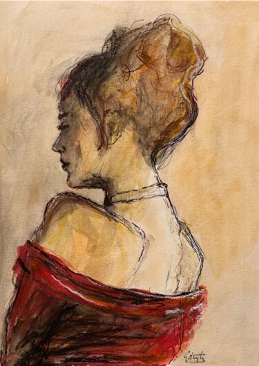 제목이 "Woman in red dress"인 미술작품 Gázsity Barbara로, 원작, 수채화