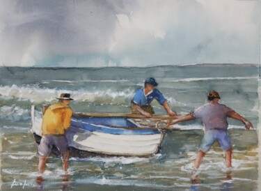 Painting titled "mise a l eau sur la…" by Jean Senterre, Original Artwork, Watercolor