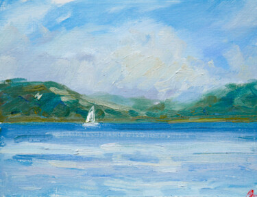 November - calm sea, quiet seascape, harmony, serenity, boat Картина под названием "November - calm sea…" - Dina Aseeva, Подлинное произведение искусства, Масло