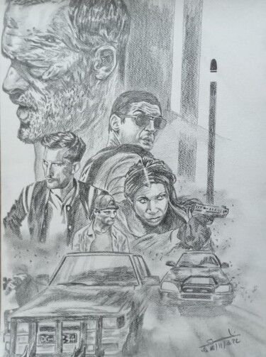 Illustration du film Balle Perdue réalisé aux crayons 图画 标题为“Illustration du fil…” 由Gilles Staub (LeCrayonAgile), 原创艺术品, 铅笔