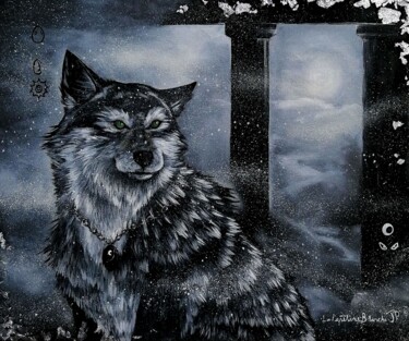 Painting titled "Le Roi Lune" by Jessie Poitras (La Panthère Blanche JP), Original Artwork, Oil Mounted on Wood Stretcher fr…