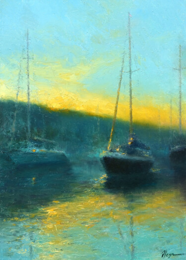 Картина под названием "Evening river 1" - Dmitry Oleyn, Подлинное произведение искусства, Масло Установлен на Деревянная рам…