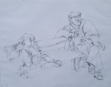 Dessin intitulée "Banc public" par Nathalie Gautier, Œuvre d'art originale, Crayon Monté sur Carton