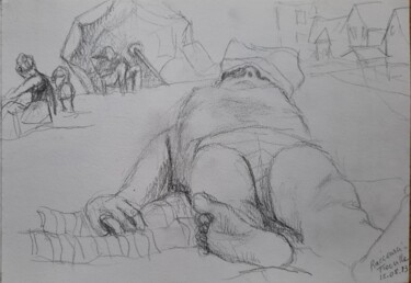 Dessin intitulée "Plage de trouville,…" par Nathalie Gautier, Œuvre d'art originale, Crayon Monté sur Carton