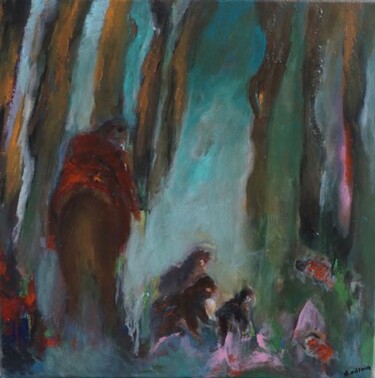 Malerei mit dem Titel "Chasse en forêt" von Dominique Villain, Original-Kunstwerk, Acryl Auf Keilrahmen aus Holz montiert