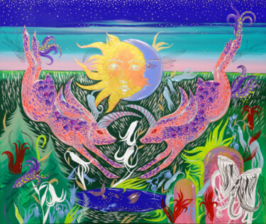 Two unicorn bunny on a moonlit night 绘画 标题为“Two unicorn bunny o…” 由Anna Onikiienko, 原创艺术品, 丙烯