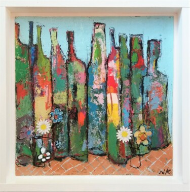 Painting titled "BOUTEILLES FLEURIES" by Germain Henneka, Original Artwork, Acrylic Mounted on Cardboard