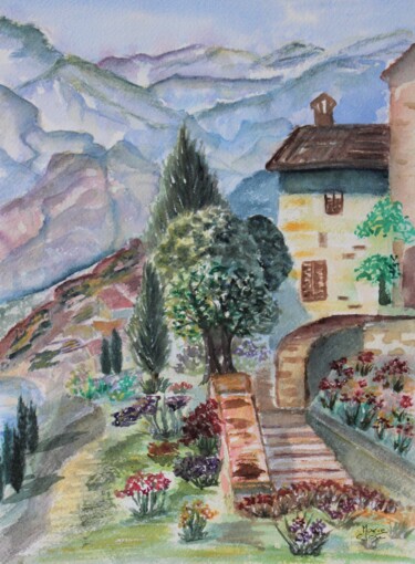 La maison près de la montagne Peinture intitulée "La maison près de l…" par Marie-José Longuet, Œuvre d'art originale, Aquarelle