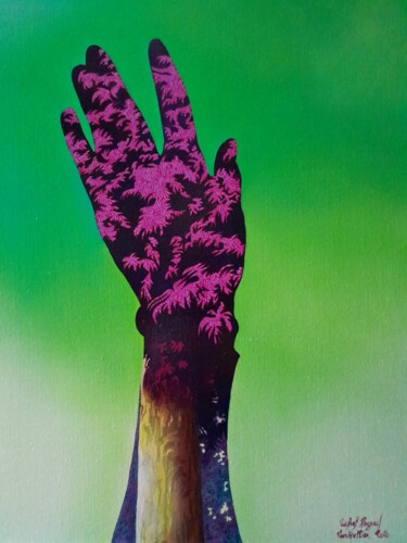 Painting titled "arbre main" by Michel Pezeril, Original Artwork, Oil Mounted on Wood Stretcher frame