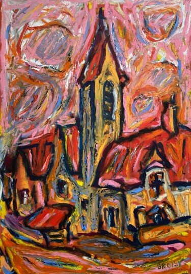 Schilderij getiteld "Vieille-Eglise 52" door Jean-François Groisy, Origineel Kunstwerk, Pastel