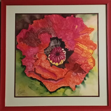 Schilderij getiteld "Rouge pavot" door Thérèse Soriano, Origineel Kunstwerk, Aquarel Gemonteerd op Glas