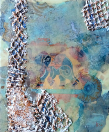 Indian elephant on turquoise background Schilderij getiteld "Indian elephant on…" door Liubov Samoilova, Origineel Kunstwerk, Encaustiek