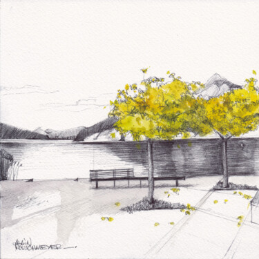 Dessin intitulée "LA PLACE DE DUINGT" par Alain Rouschmeyer, Œuvre d'art originale, Stylo à bille