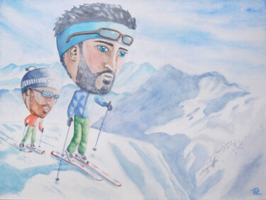 AQUARELLE originale: Grosse tête en ski de randonnée Peinture intitulée "AQUARELLE originale…" par Isabelle Redonnet, Œuvre d'art originale, Aquarelle
