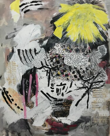 Peinture intitulée ""Une fleur jaune"" par Johanne Proulx, Œuvre d'art originale, Acrylique Monté sur Châssis en bois