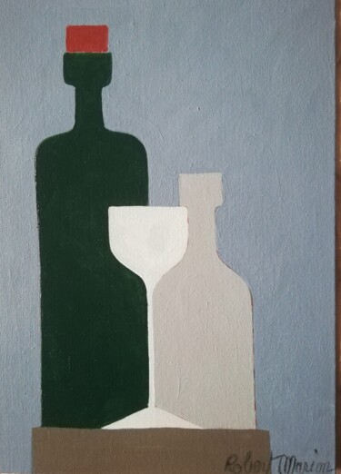 Painting titled "bouteille et verre" by Robert Marion, Original Artwork, Oil