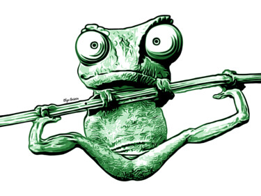 数字艺术 标题为“Green chameleon” 由Olga Guseva, 原创艺术品, 数字油画 安装在木板上