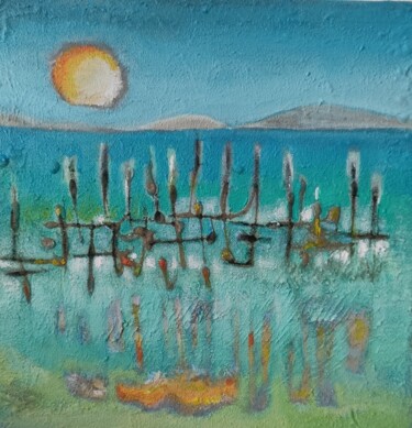 Painting titled "l 'étang de THAU" by Nathalie Moreno, Original Artwork, Acrylic Mounted on Wood Stretcher frame