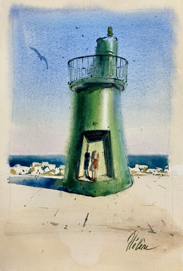 제목이 "Green Lighthouse"인 미술작품 Helene Manoli로, 원작, 수채화