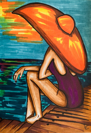 Sexy woman purple swimsuit with hat on jetty orange sunset Рисунок под названием "Sexy woman purple s…" - Elena Polak, Подлинное произведение искусства, Маркер