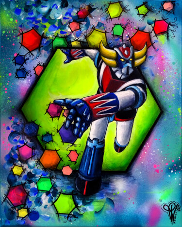 Goldorak pop art peinture sur toile unique et original Peinture intitulée "Goldorak pop art pe…" par Pvettese, Œuvre d'art originale, Bombe aérosol Monté sur Châssis en bois