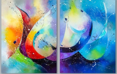 Painting titled "Joyful dolphins" by Liubov Kuptsova, Original Artwork, Oil Mounted on Wood Stretcher frame