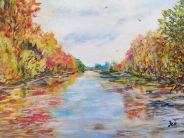 Peinture intitulée "Canal en automne" par Jacqueline Vandrebeck, Œuvre d'art originale, Acrylique Monté sur Châssis en bois