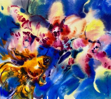 제목이 "Orchid and gold fish"인 미술작품 Helene Manoli로, 원작, 수채화