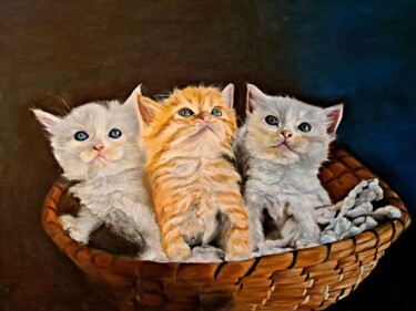 Pussy Kittens Cat - Original Large Pastel Painting Wall Deco Peinture intitulée "Pussy Kittens Cat -…" par Deimante Bruzguliene, Œuvre d'art originale, Crayon