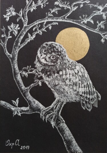 「OWL ON THE TREE - s…」というタイトルの描画 Alona Vakhmistrovaによって, オリジナルのアートワーク, ジェルペン