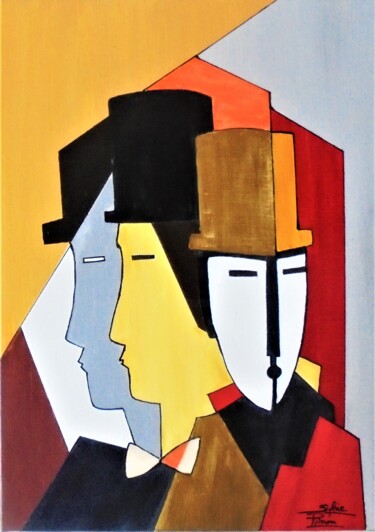 Painting titled "profils aux chapeaux" by Sylvie Pinon, Original Artwork, Acrylic Mounted on Wood Stretcher frame