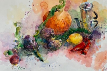 Painting titled "Italian still life" by Helene Manoli, Original Artwork, Watercolor