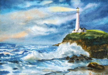 「Lighthouse on the r…」というタイトルの絵画 Elena Gaivoronskaiaによって, オリジナルのアートワーク, 水彩画