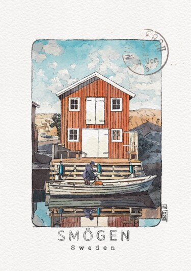 Peinture intitulée "Village Smögen /Boh…" par Rachel Loeffler, Œuvre d'art originale, Aquarelle