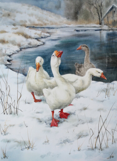 Gaggle of Geese in the Snow- Geese by the winter river 绘画 标题为“Gaggle of Geese in…” 由Olga Beliaeva, 原创艺术品, 水彩