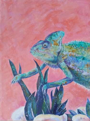 Green chameleon on a pink background 제목이 "Green chameleon on…"인 미술작품 Любовь Самойлова로, 원작, 아크릴 나무 들것 프레임에 장착됨