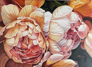 Painting titled "Sunny peonies" by Anastasiia Alokhina, Original Artwork, Oil Mounted on Wood Stretcher frame
